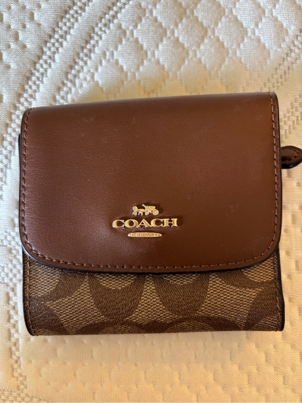 Coach Brown Signature Trifold Wallet with Gold Logo